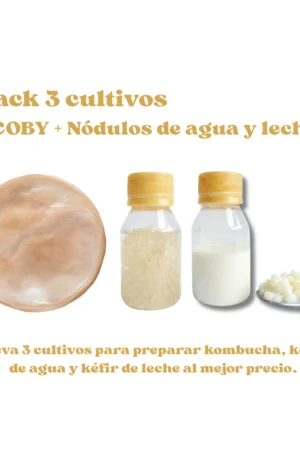 Pack-tres-cultivos- scoby de kombucha - tibicos - bacilos - bulgaros- kéfir de agua - kéfir de leche - nódulos