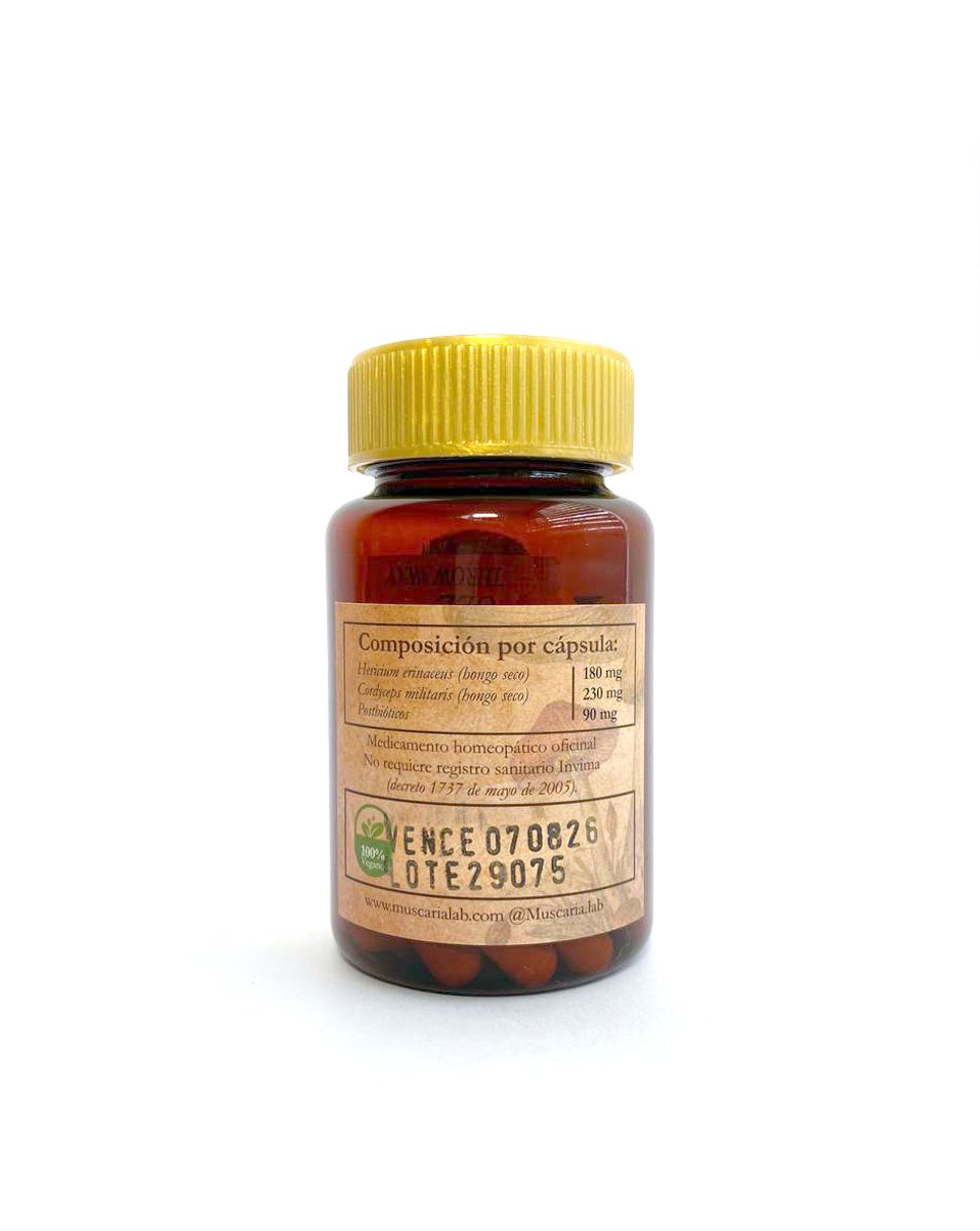Etiqueta nutricional de Melena de León con Cordyceps militaris y postbióticos Muscaria Lab