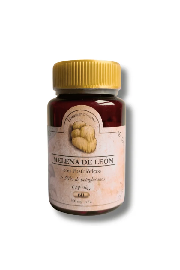 Frasco de suplemento de melena de león con postbióticos