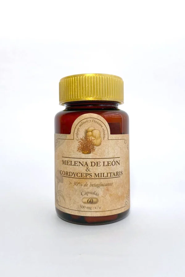 Frasco frontal de Melena de León con Cordyceps militaris y postbióticos Muscaria Lab