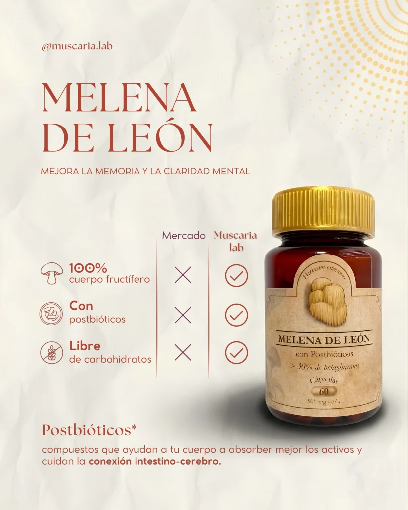 Hongo melena de león junto a un frasco de cápsulas comparación con otras marcas