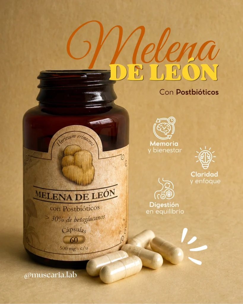 Hongo melena de león junto a un frasco de cápsulas